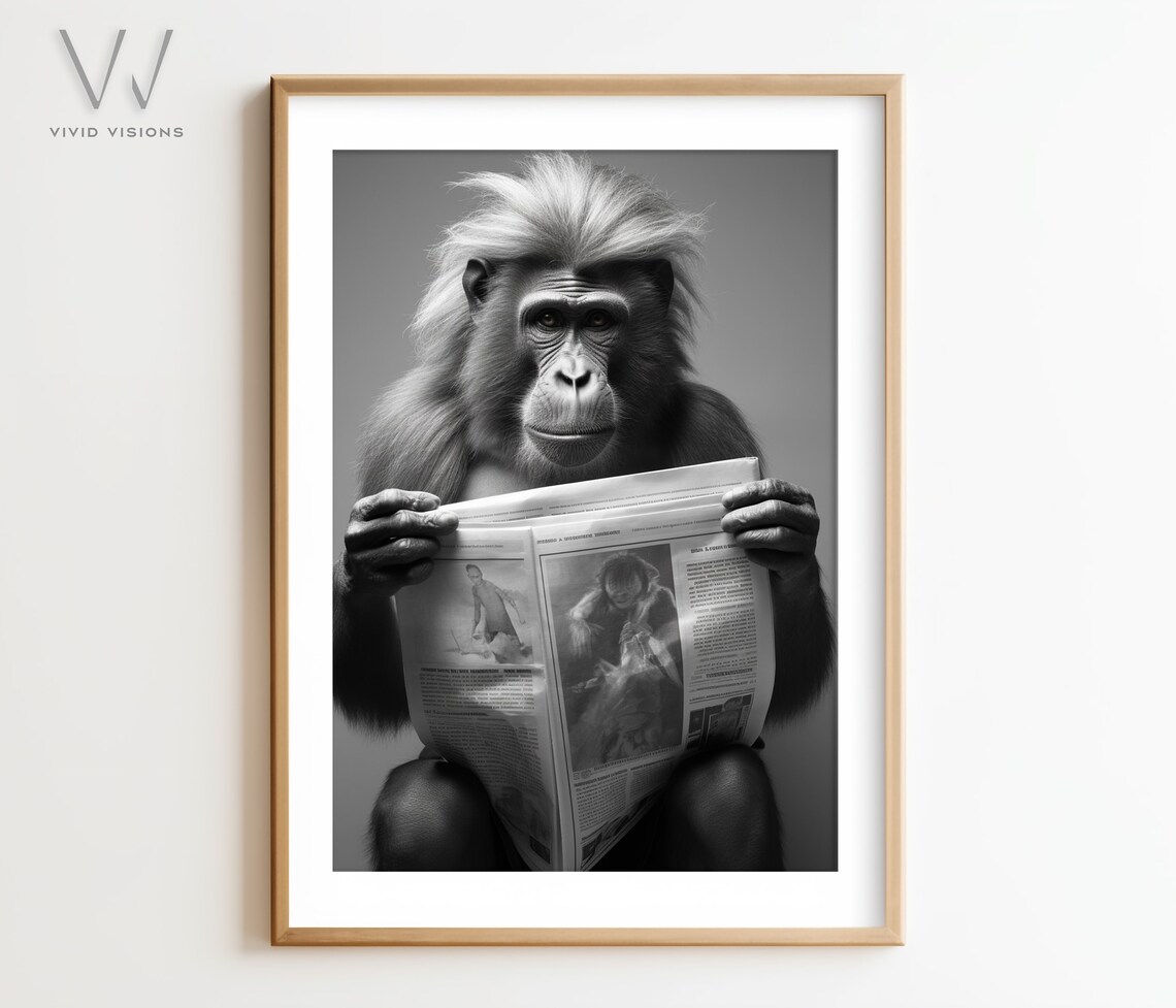 Orangutan Reading a Newspaper on the Toilet Black and White Poster