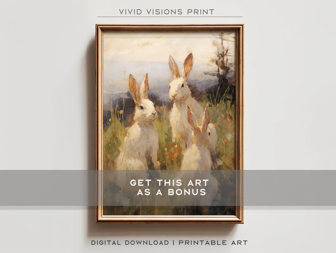Two Tan Bunnies Daisy Field White Blooms Vintage Spring Poster - Image 2