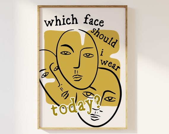 Masked Emotions Mid Centry Retro Sketch Art Print Effortless Retro Contemporary Maximalist Eclectic Bold Aesthetic Yellow Trendy Poster
