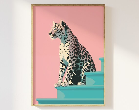 Trendy Leopard On Stairs Pink Blue Retro Pop Art Animal Print