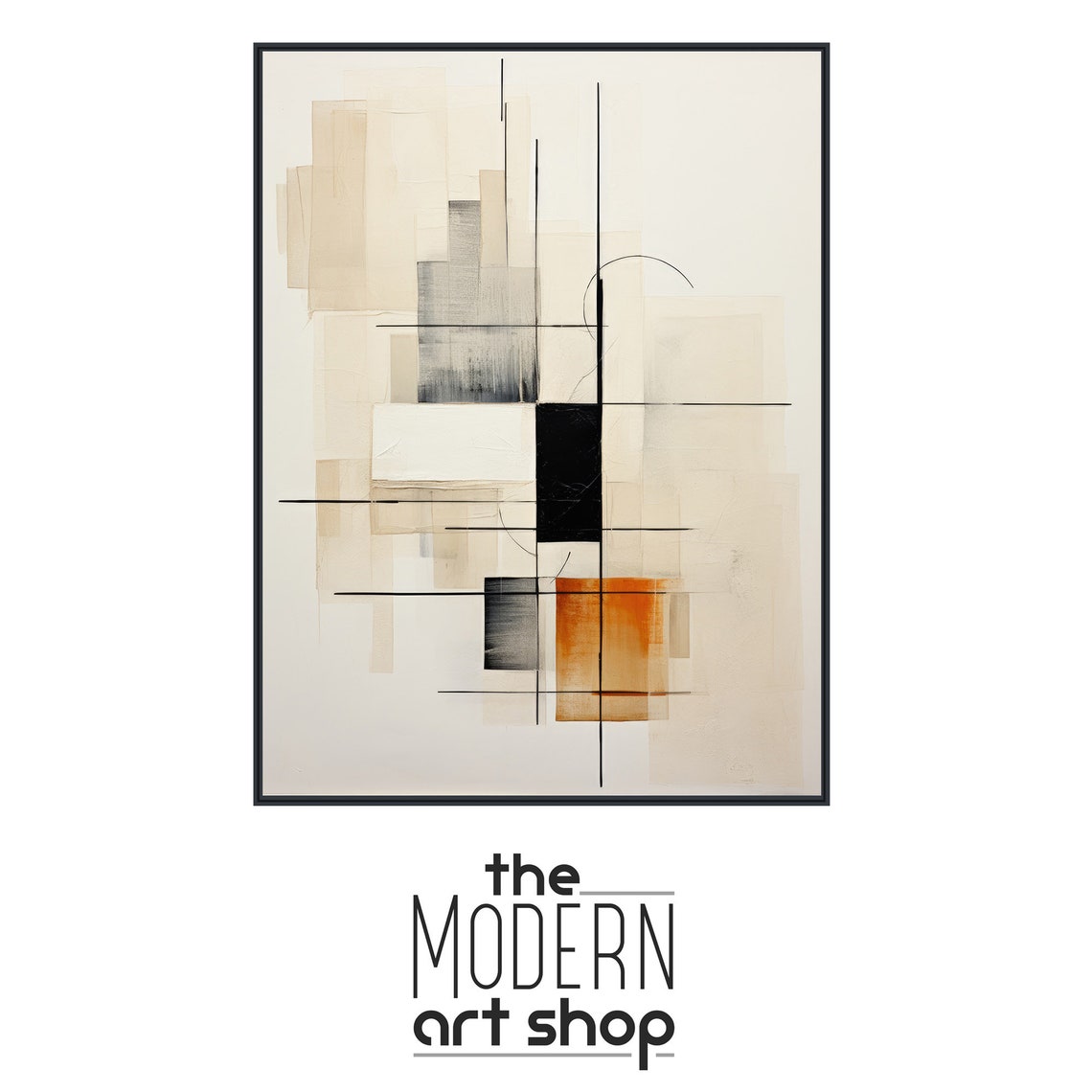 Minimalist Line and Block Neutral Beige Black Abstract Art Poster - Image 4