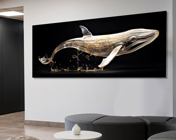 Large Whale Print Abstract Golden Whale Painting Underwater Wall Art Whale Poster Modern Wall Decor Framed And Ready To Hang