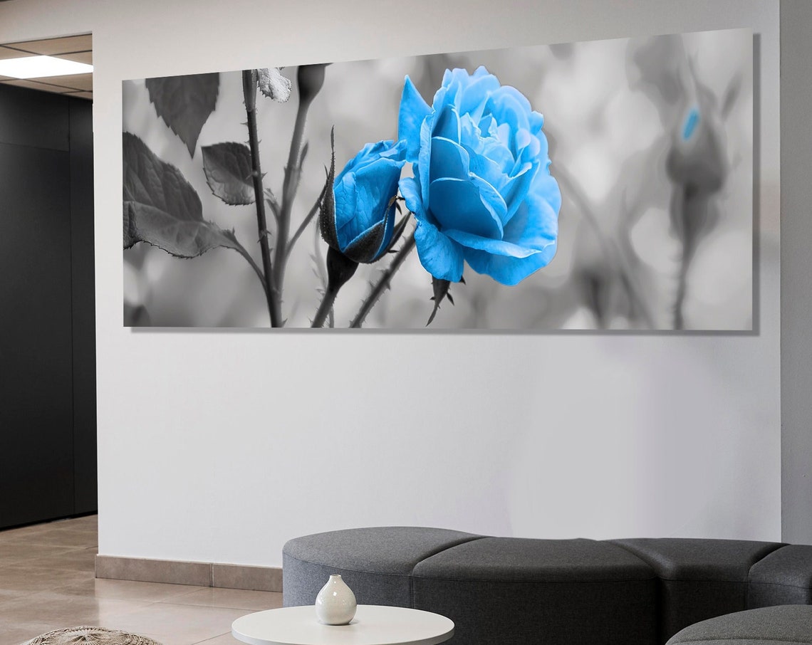 Vivid Blue Rose Bloom Black White Floral Triptych Canvas Poster - Image 4