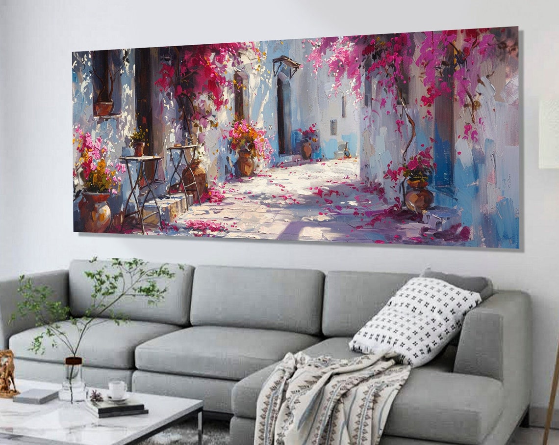 Scenic Greek Island Street With Pink Flowers Painting Print Santorini Street Painting Oia Village Wall Art Framed Ready To Hang