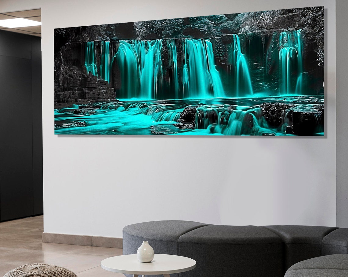 Abstract Waterfall Print Scenic Waterfall Wall Art Cyan Wall Decor Nature Landscape Painting Framed And Ready To Hang