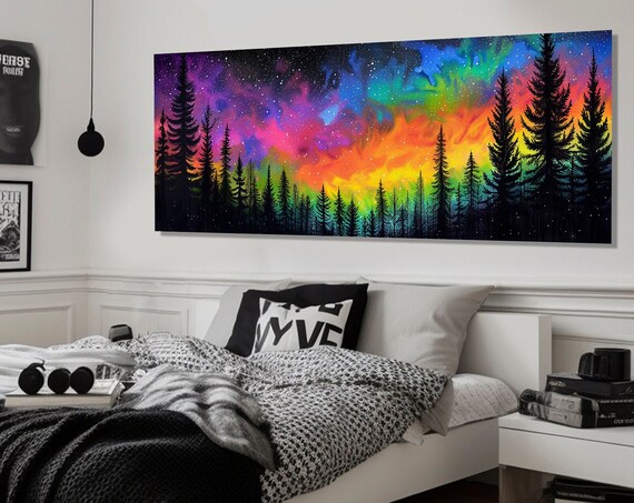 Large Colorful Forest Painting Print Forest Wall Art Rainbow Sky Poster Abstract Forest Print Framed And Ready To Hang