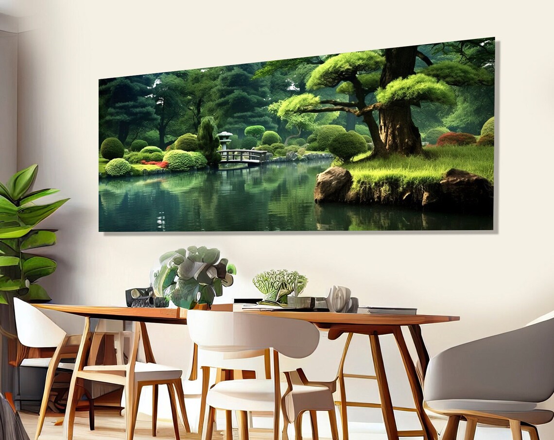 Scenic Japanese Garden Pond Arched Bridge Stone Lantern Travel Poster