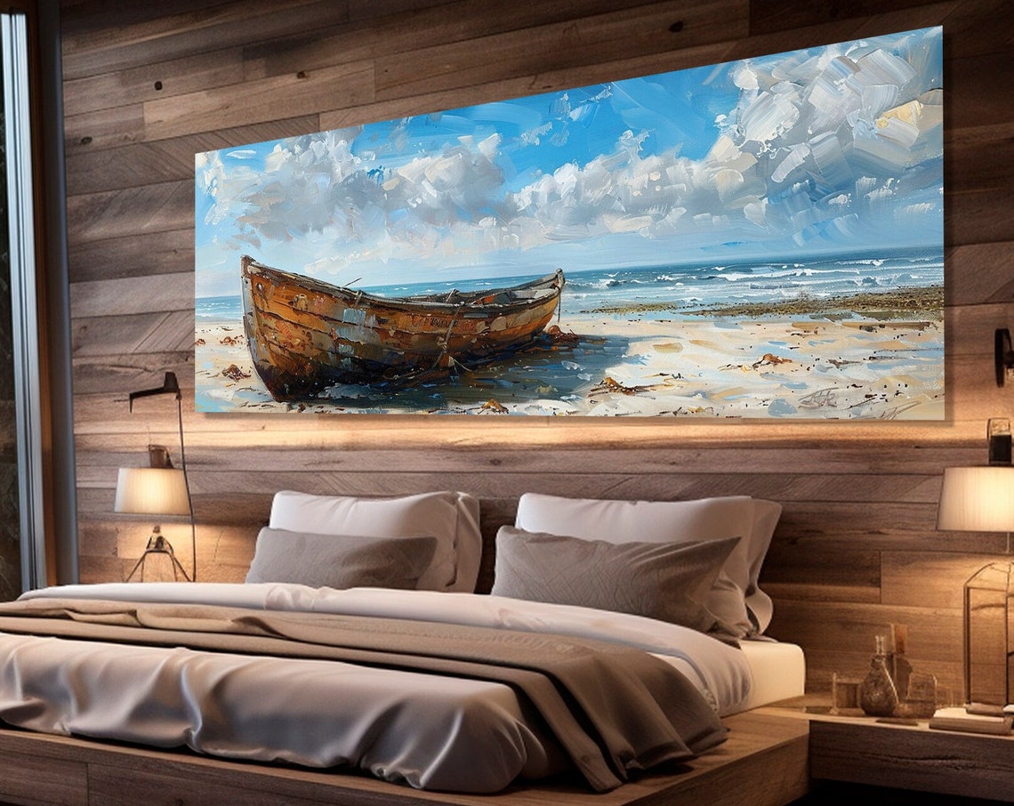 Old Wooden Boat Beached Impressionist Coastal Painting Poster