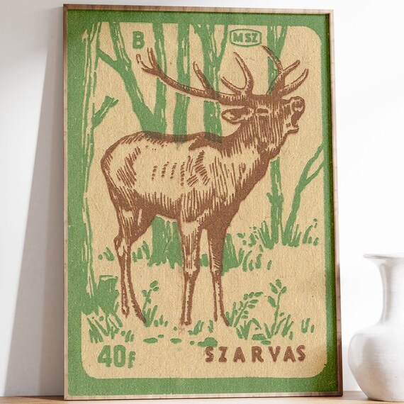 Deer Matchbox Label, Vintage Reindeer Art Print