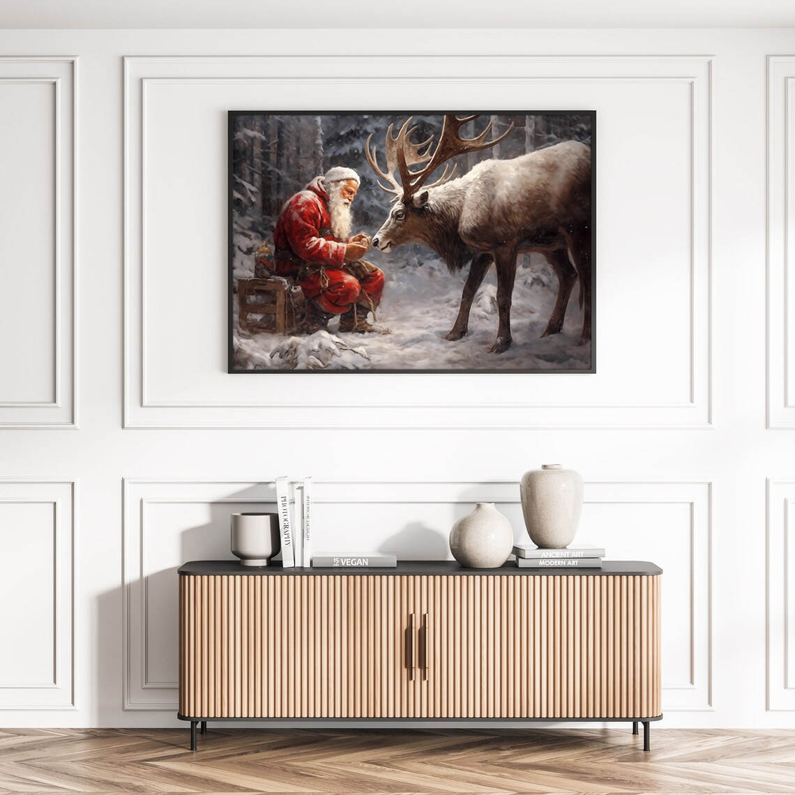 Santa Claus Feeding Reindeer Snowy Woods Vintage Christmas Poster - Image 2