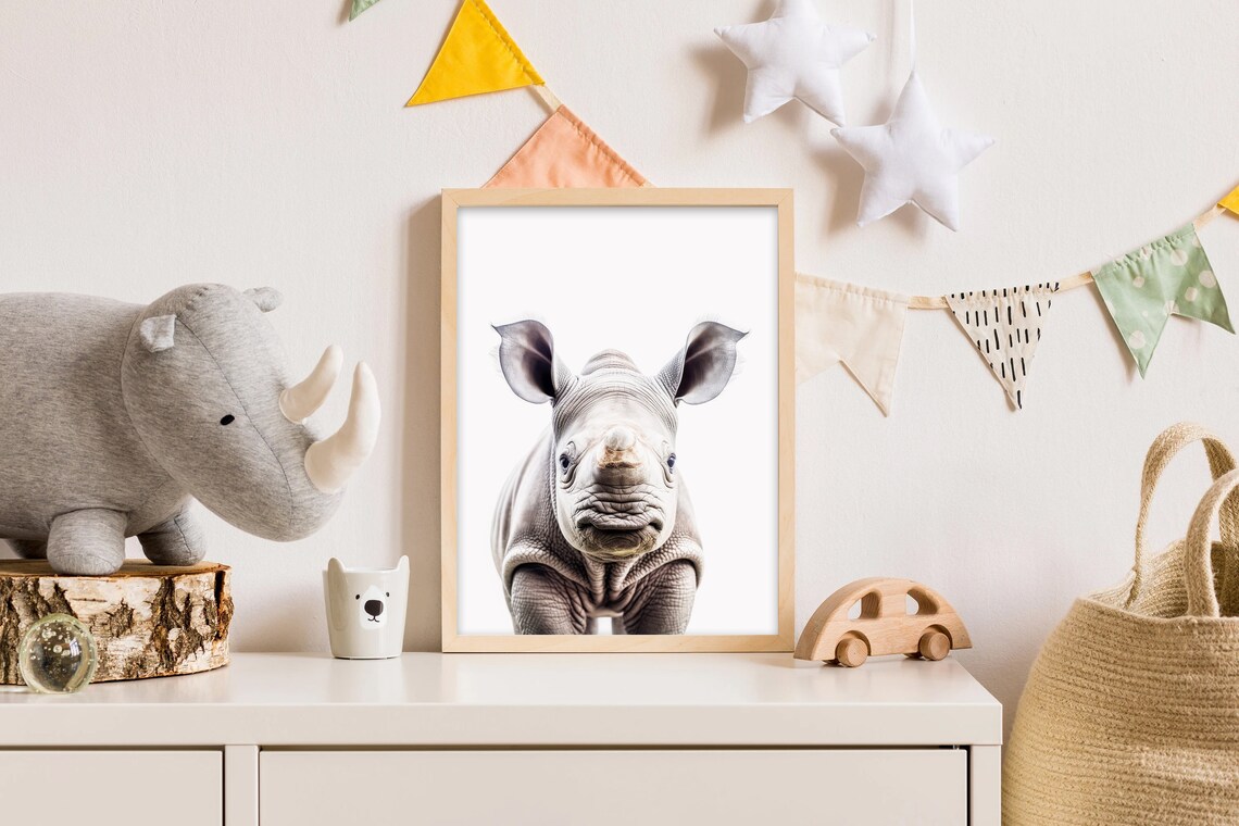 Baby Rhino Nursery Portrait Cute Grey Calf Minimalist Art Print - Image 2