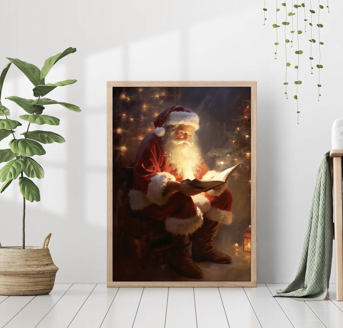 Santa Claus Reading Book Vintage Christmas Oil Painting Poster - Image 2