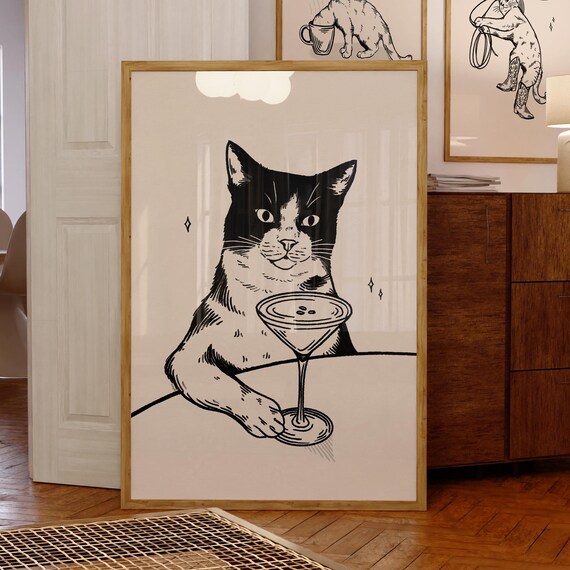 Martini Cocktail Cat Funny Retro Line Art Chic Bar Decor Feline Poster