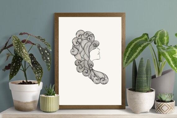 Woman Profile Curly Hair Elegant Black White Line Art Poster