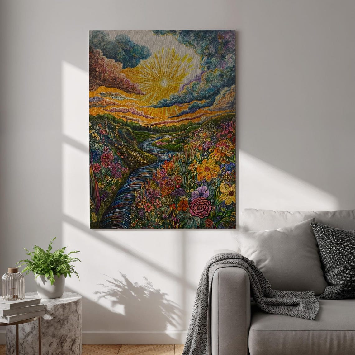 Vibrant Wildflower River Meadow Radiant Sun Psychedelic Nature Poster