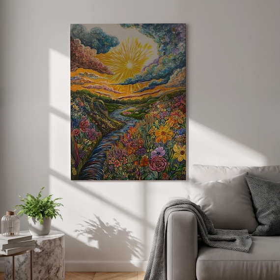 Vibrant Wildflower River Meadow Radiant Sun Psychedelic Nature Poster