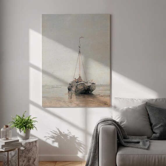Vintage Coastal Sailboat Soft Tone Nautical Beach Shore Painting Poster