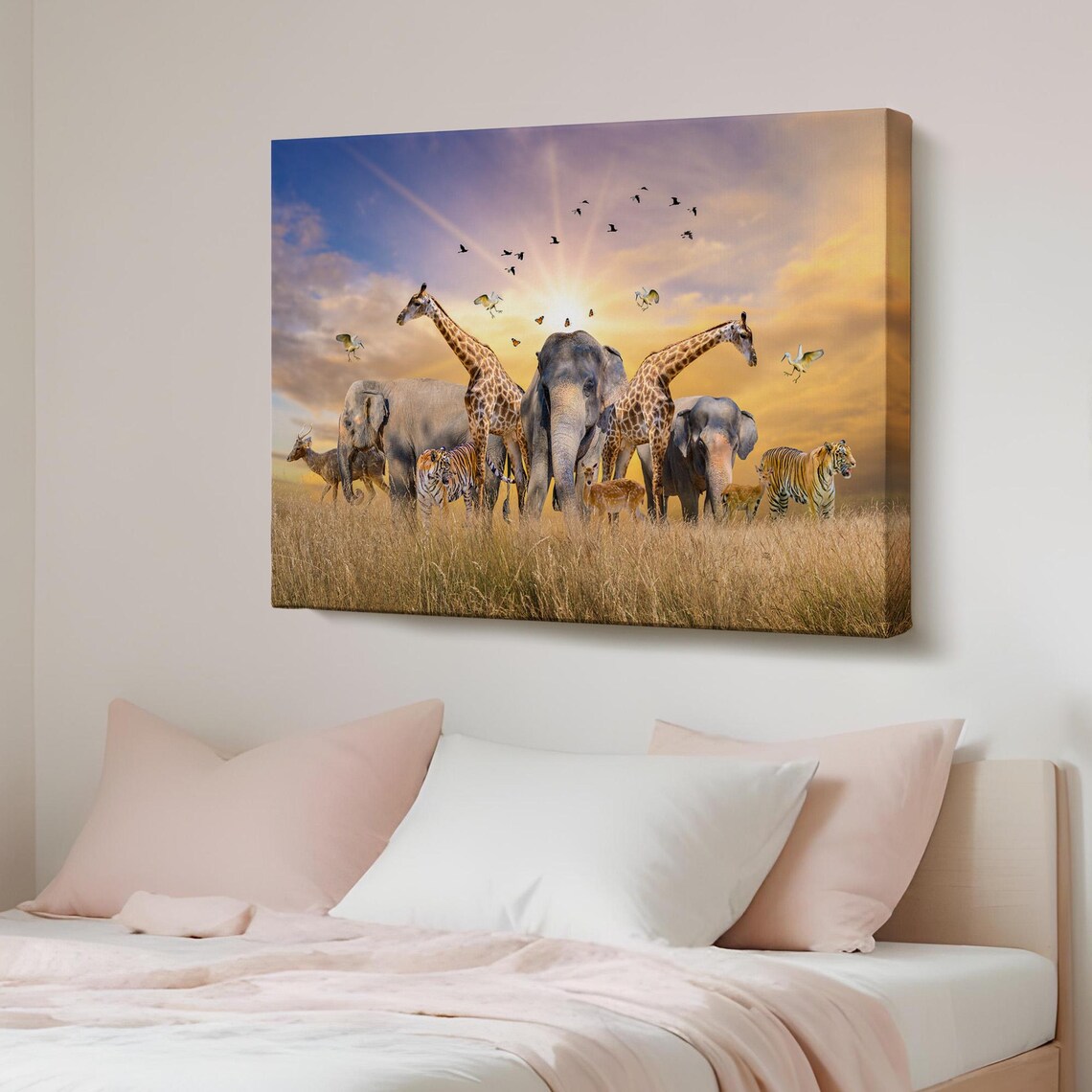 Majestic African Animals Gathering on Savanna at Golden Sunset Poster