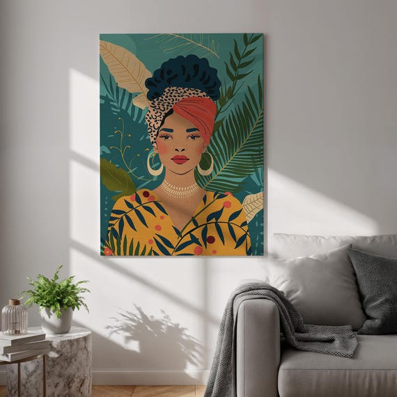 Tropical Woman Canvas Print Afro Boho Wall Art Vibrant Jungle Botanical Poster Framed Ethnic For Living Room And Bedroom Spaces
