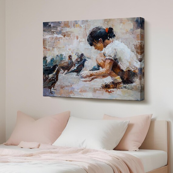 Sweet Little Girl Feeding Pigeons Tender Oil Painting Canvas Print