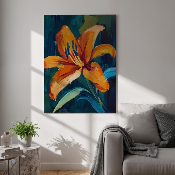 Orange Lily Vivid Botanical Close Up Teal Background Art Poster