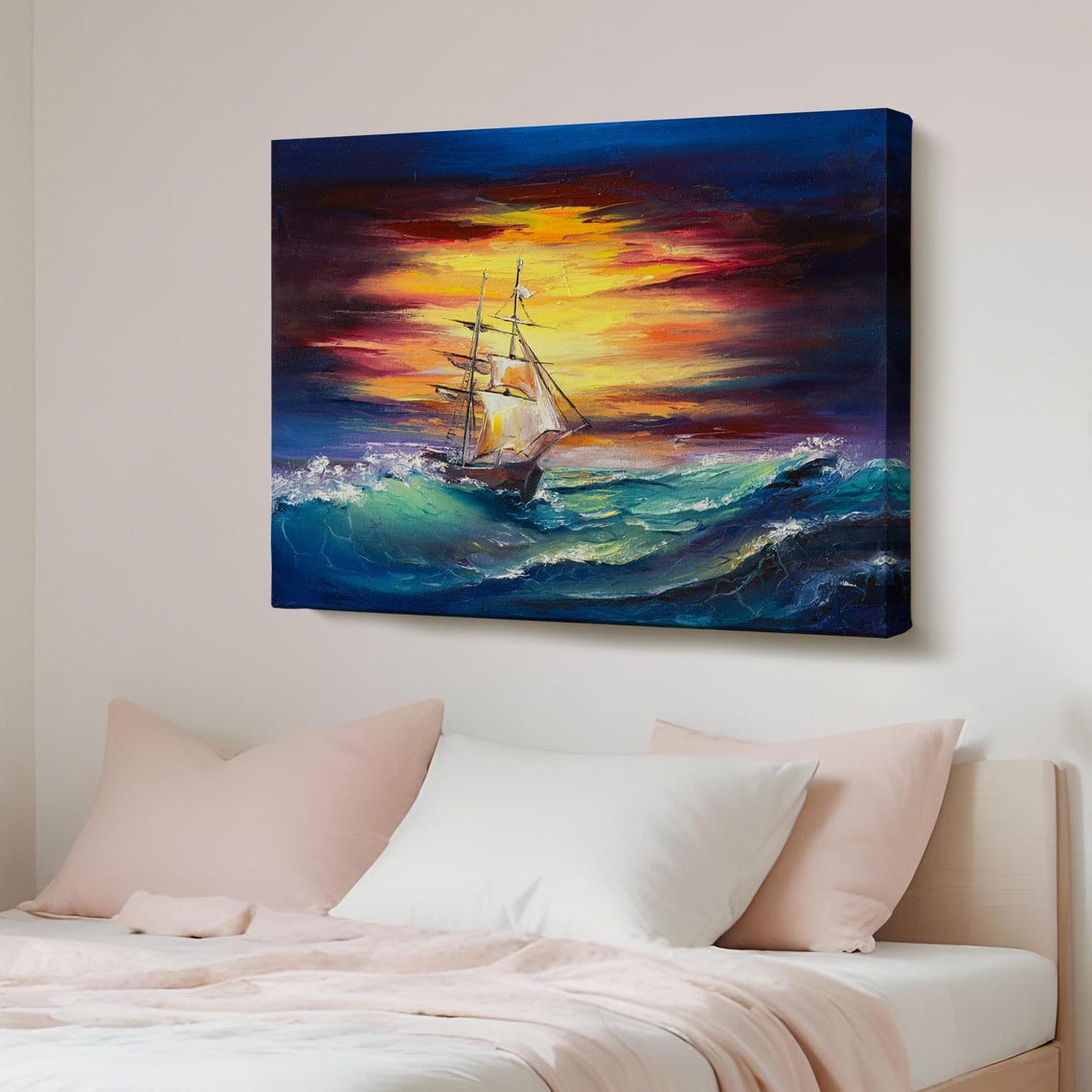 Sailing Ship at Fiery Sunset on Stormy Ocean Waves Art Poster