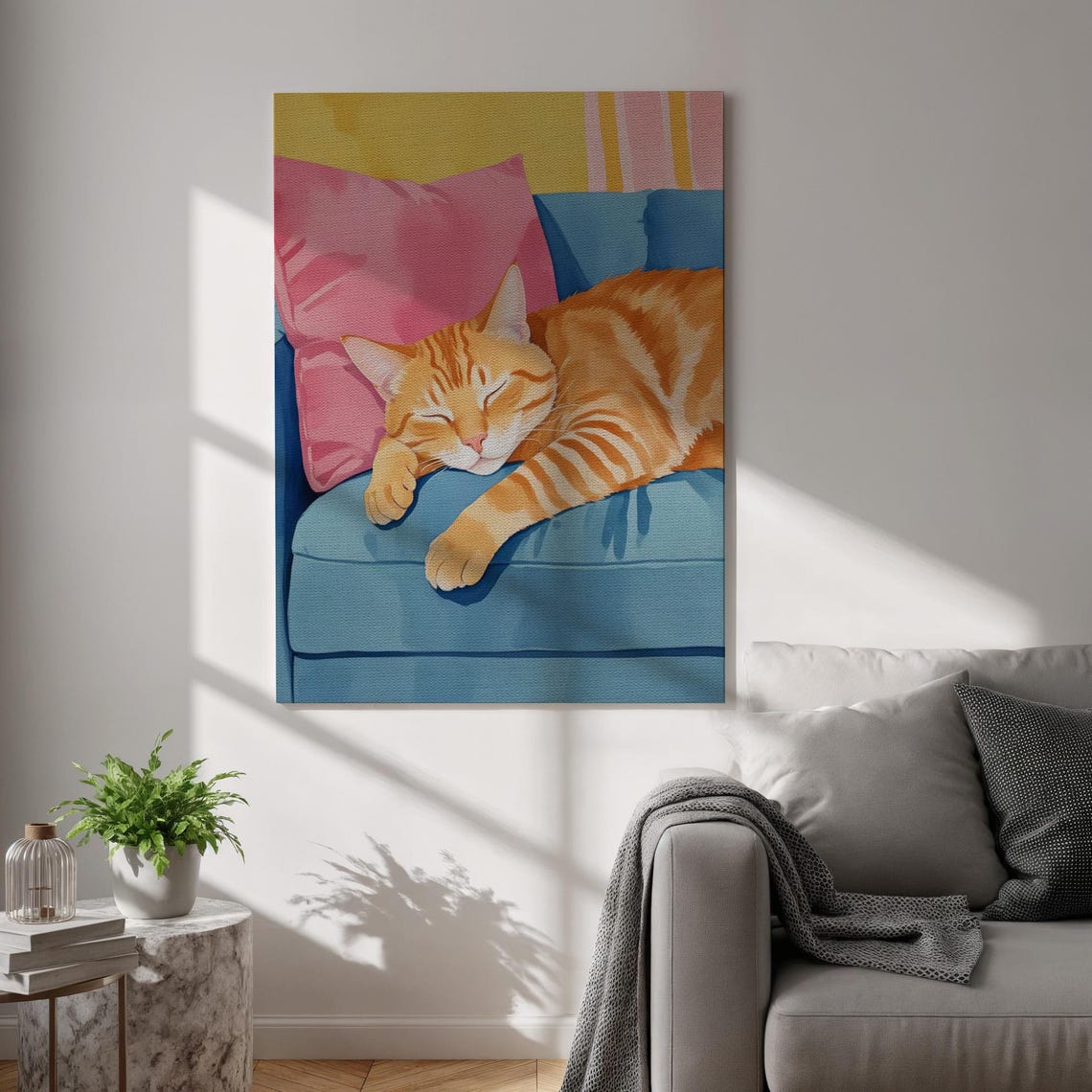 Sleeping Orange Tabby Cat on Blue Couch Cute Illustration Poster
