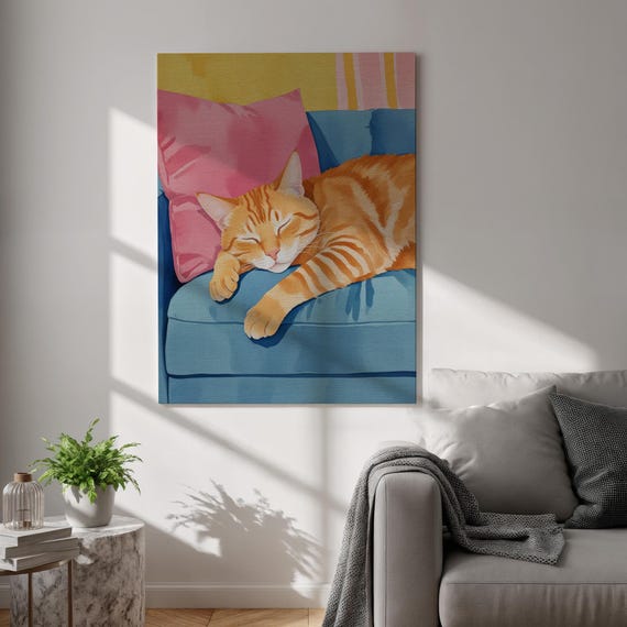 Sleeping Orange Tabby Cat on Blue Couch Cute Illustration Poster
