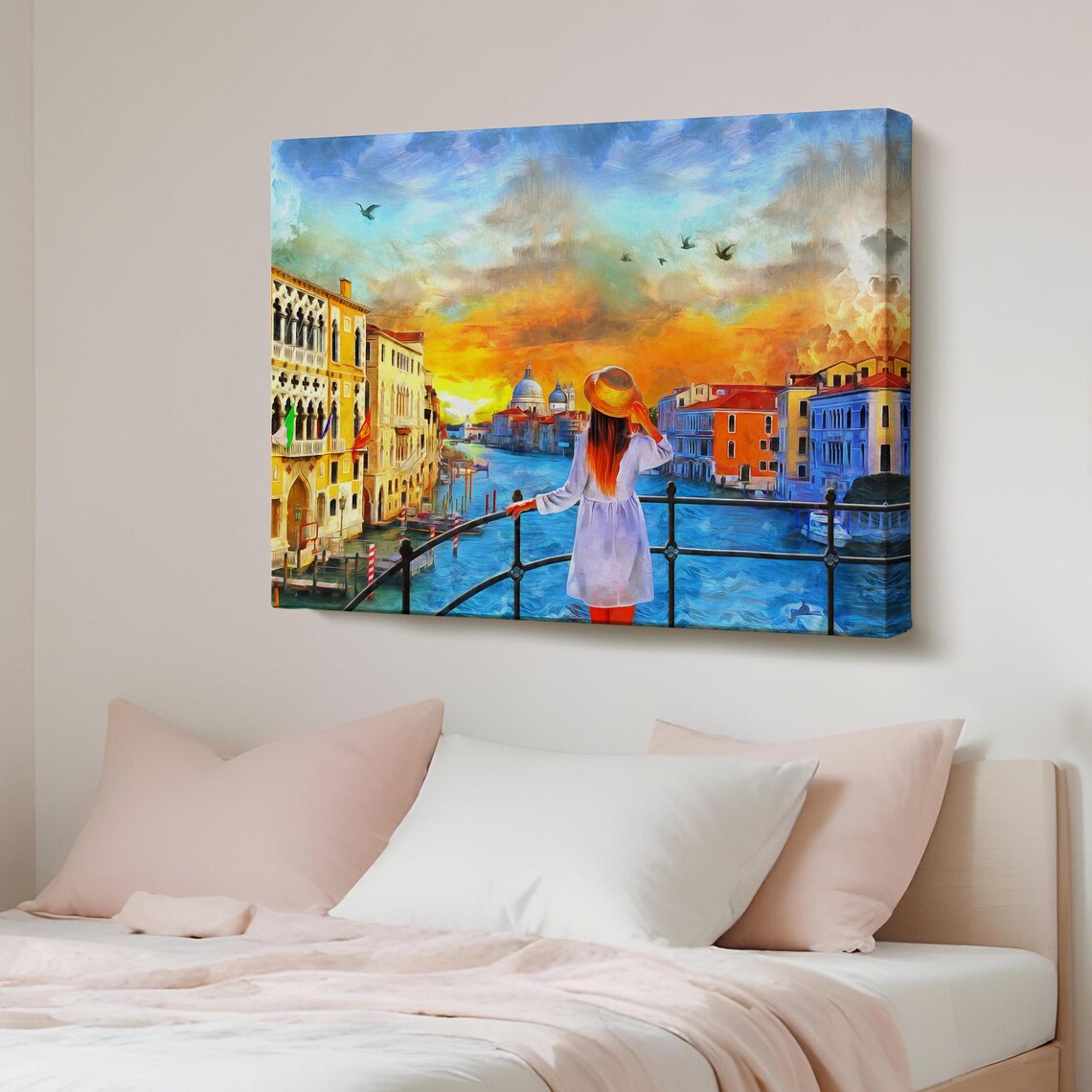 Young Woman Watching Venice Grand Canal Sunset Oil Painting Poster