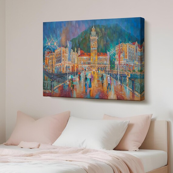 Rainy Evening City Square Clock Tower Umbrellas Oil Painting Poster