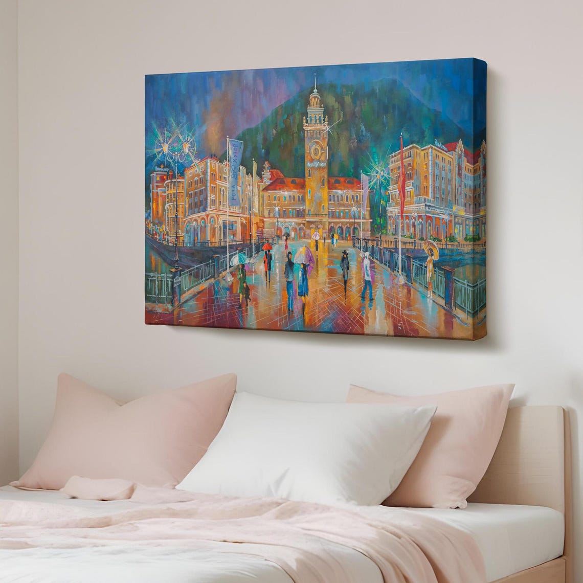 Rainy Evening City Square Clock Tower Umbrellas Oil Painting Poster