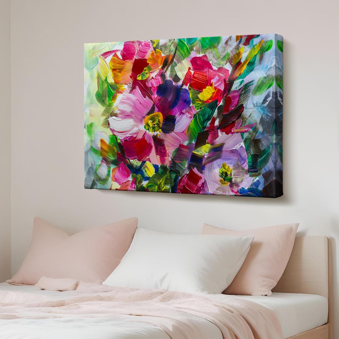 Colorful Abstract Flowers Oil Painting Pink Red Bouquet Art Poster