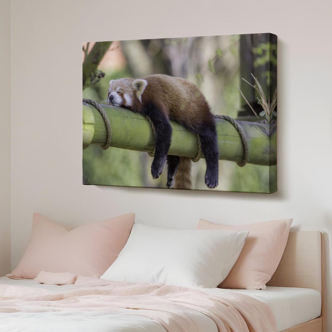 Sleepy Red Panda Resting on Bamboo Branch Adorable Photo Poster