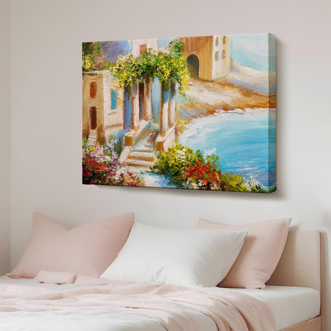 Mediterranean Seaside Villa Floral Oil Painting Canvas Wall Poster