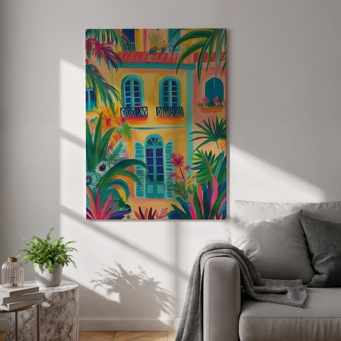 Vibrant Tropical Villa Facade Lush Palms Boho Jungle Art Poster