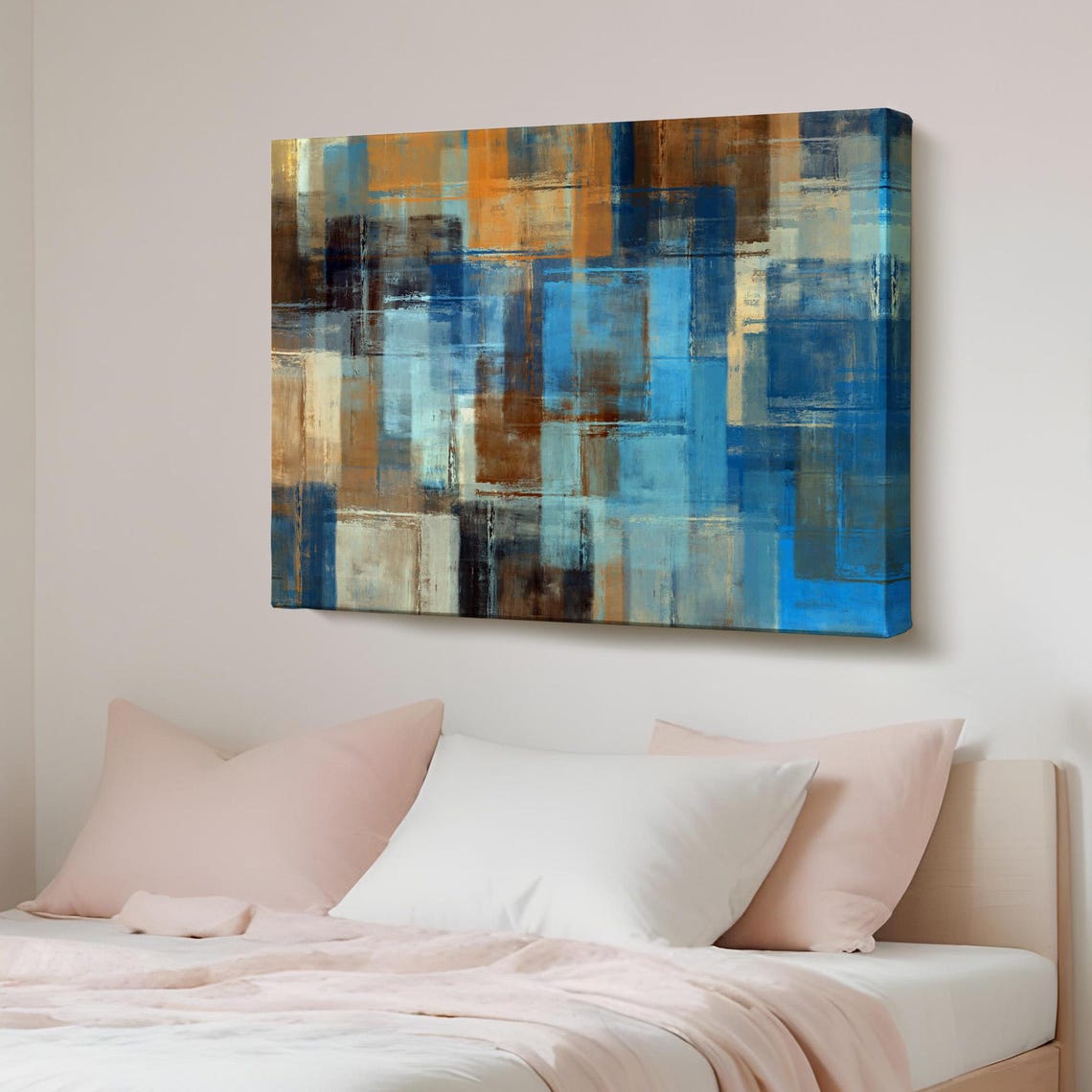 Blue Bronze Geometric Squares Abstract Modern Decorative Canvas Print