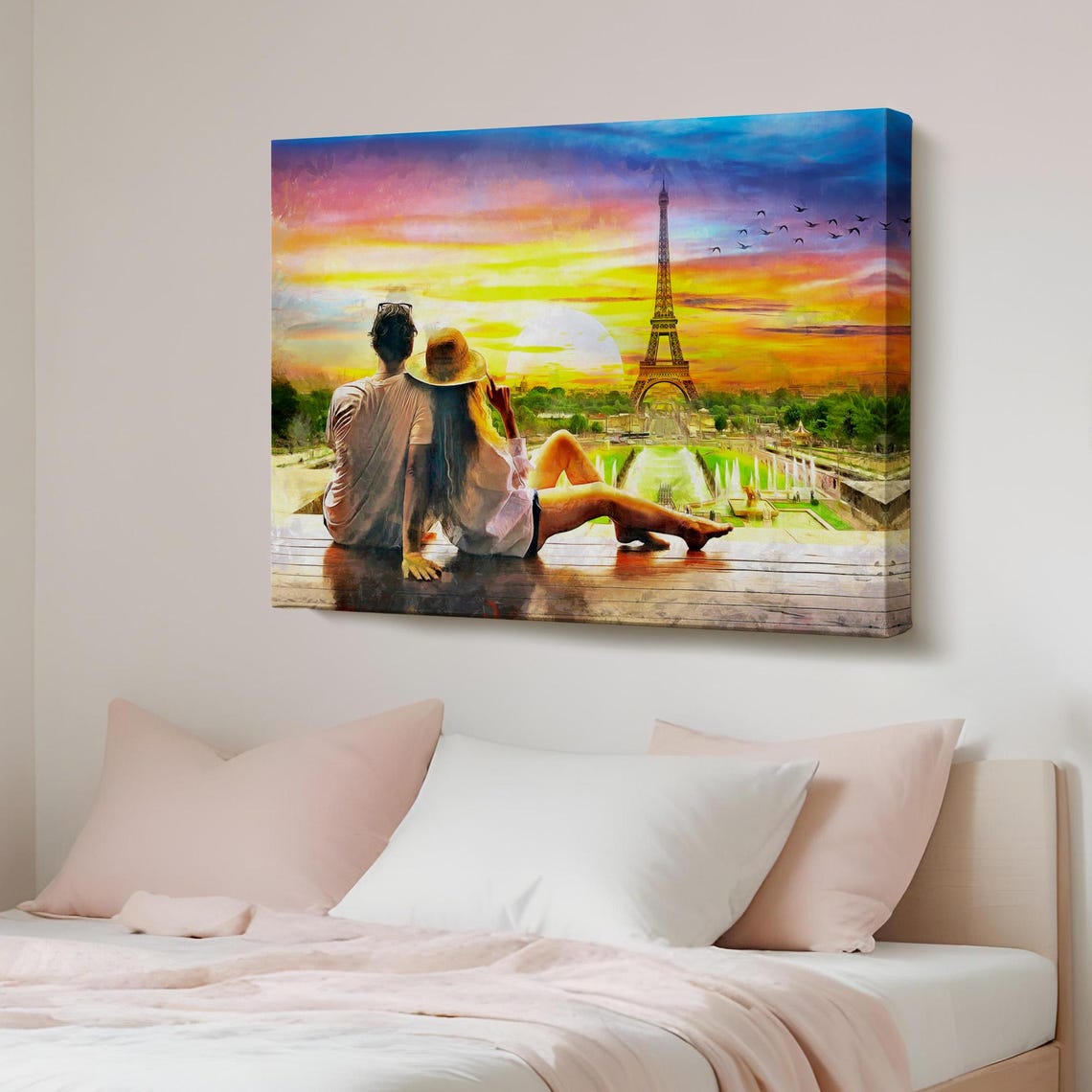 Dreamy Romantic Couple Eiffel Tower Paris Sunset Canvas Poster
