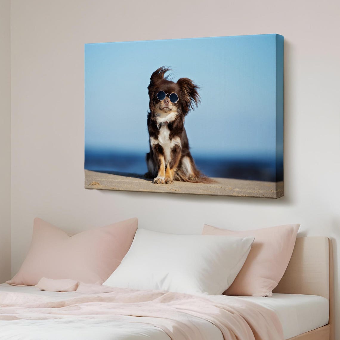 Cute Little Dog Wearing Sunglasses on Beach Funny Canvas Print