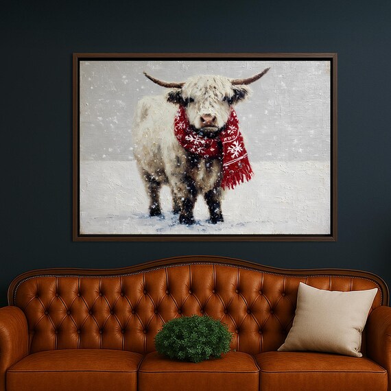 Highland Cow Red Scarf Snowy Winter Portrait Farmhouse Poster