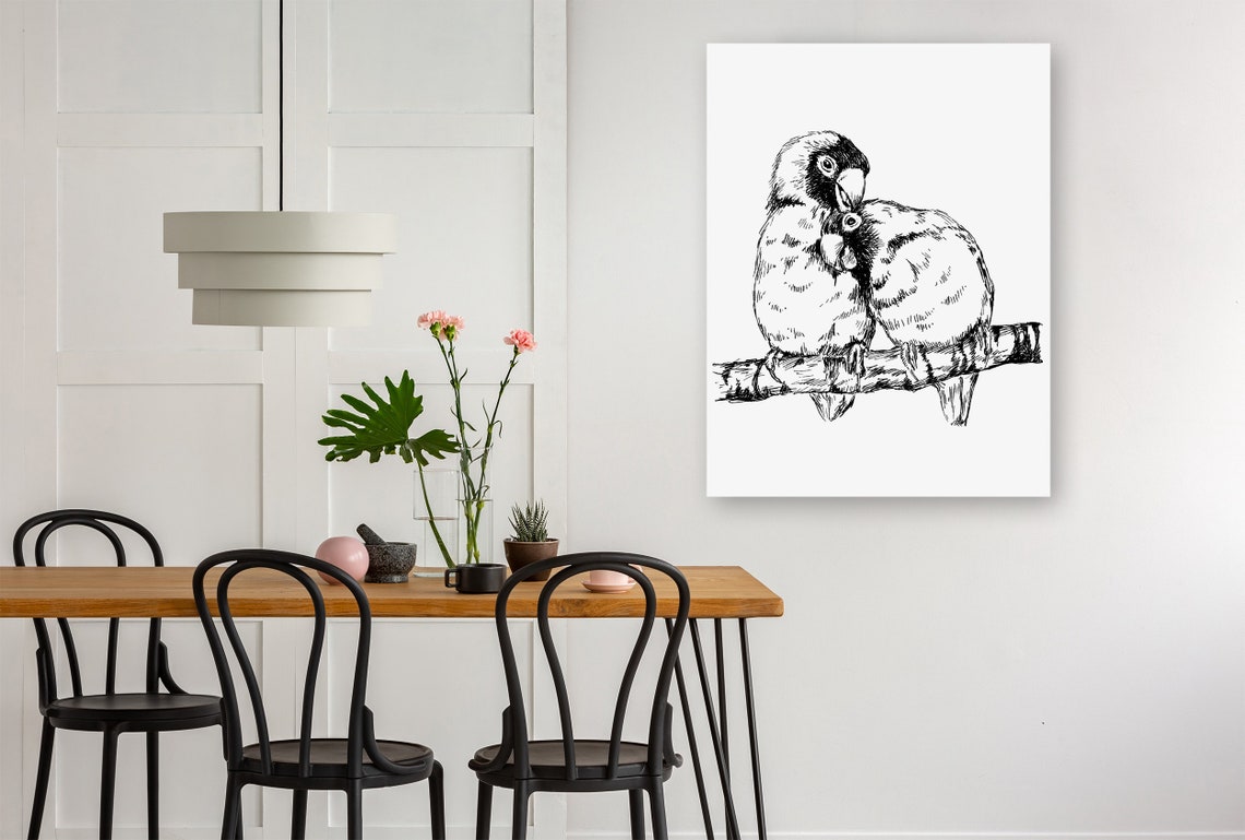 Lovebird Parrot Couple Ink Sketch Black White Tender Bird Print