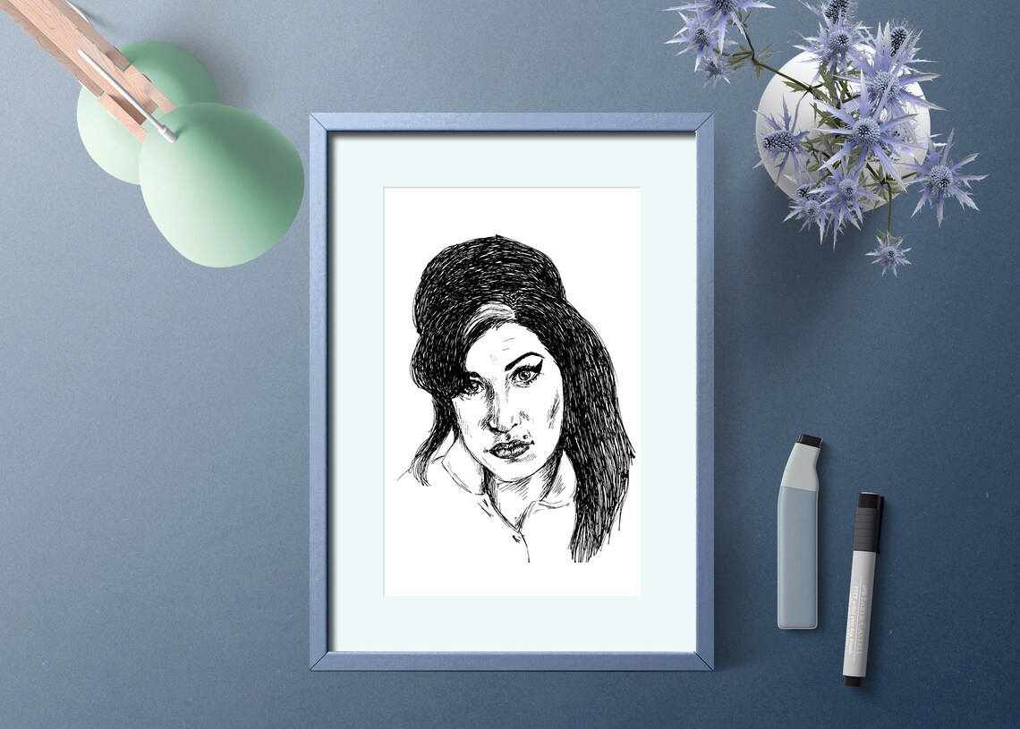Retro Beehive Hairstyle Woman Sketch Portrait Black White Wall Art