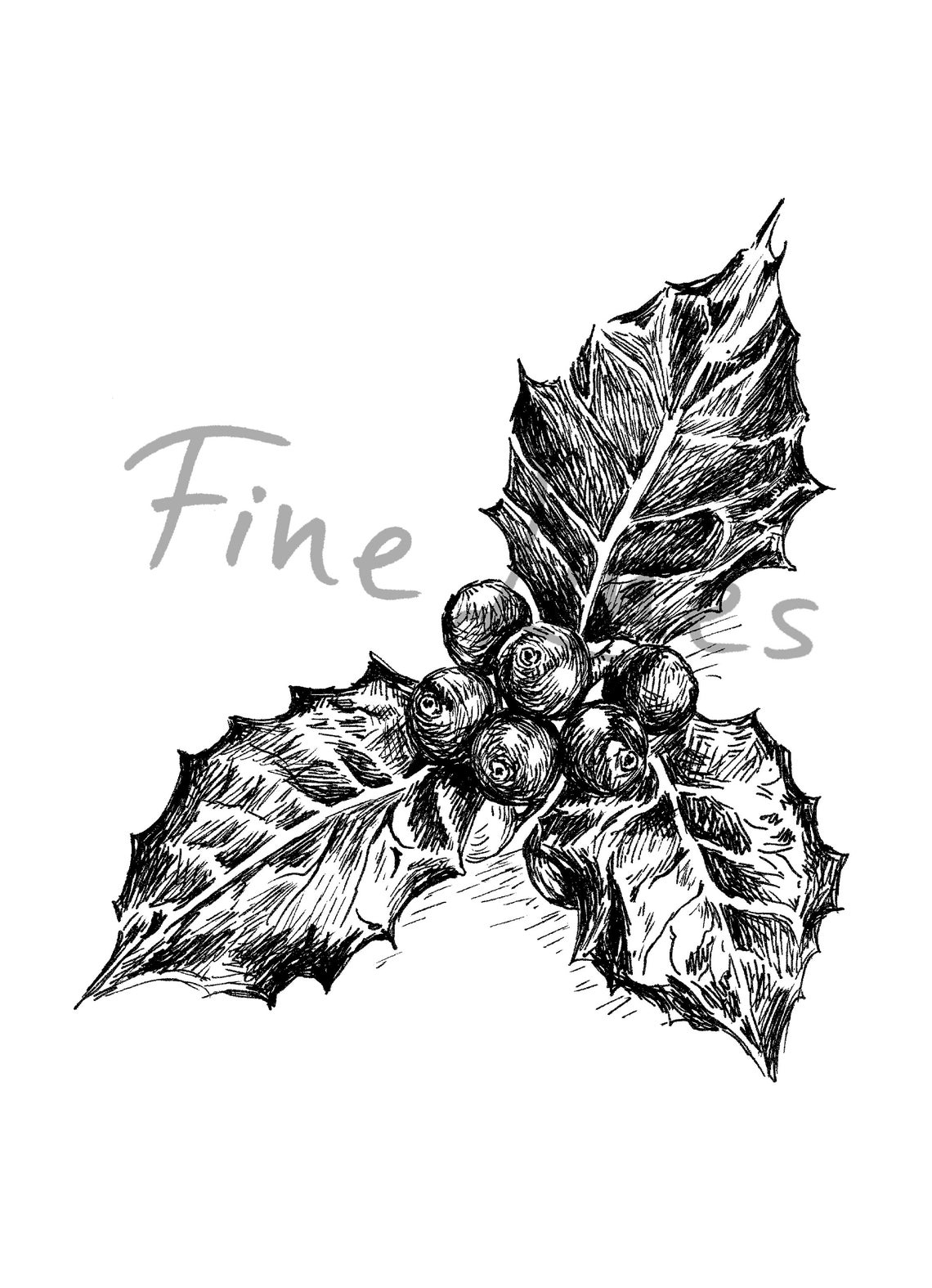 Holly Berry Sprig Ink Sketch Christmas Botanical Black White Poster - Image 2