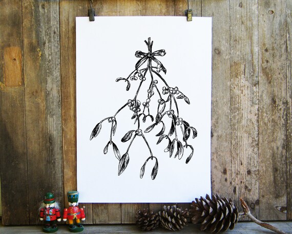 Mistletoe Branch Berries Christmas Ink Sketch Holiday Art Poster