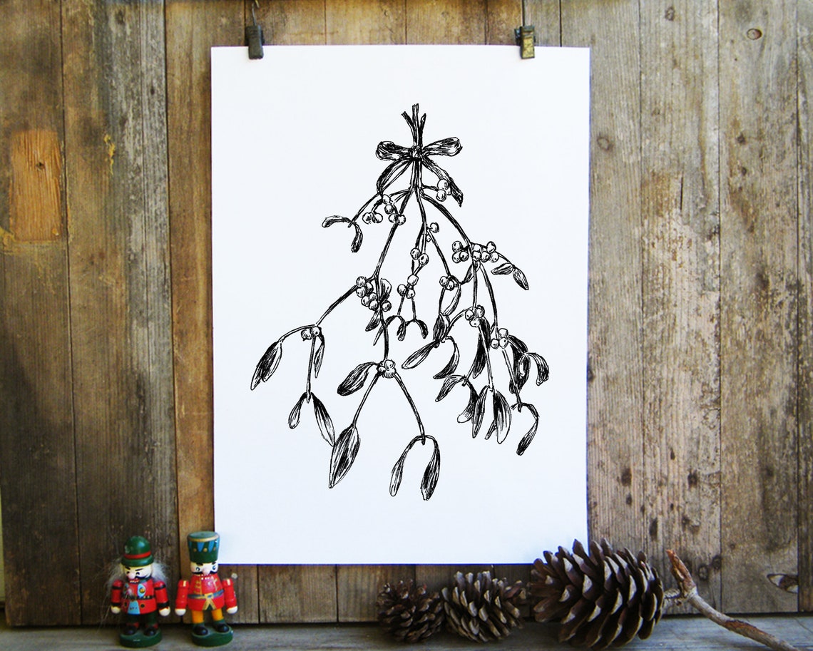 Mistletoe Branch Berries Christmas Ink Sketch Holiday Art Poster