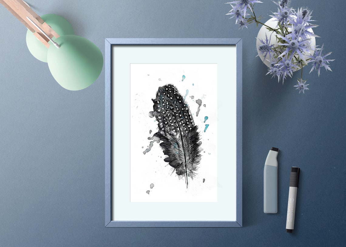 Spotted Black Feather Watercolor Splash Art Modern Wall Poster