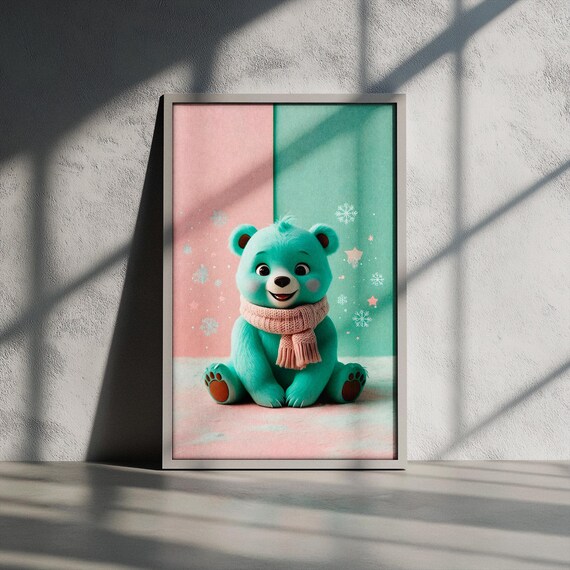 Mint Baby Bear in Pink Scarf Snowflake Winter Nursery Poster