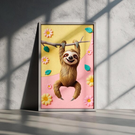 Happy Baby Sloth Hanging on Leafy Branch Floral 3D Nursery Poster