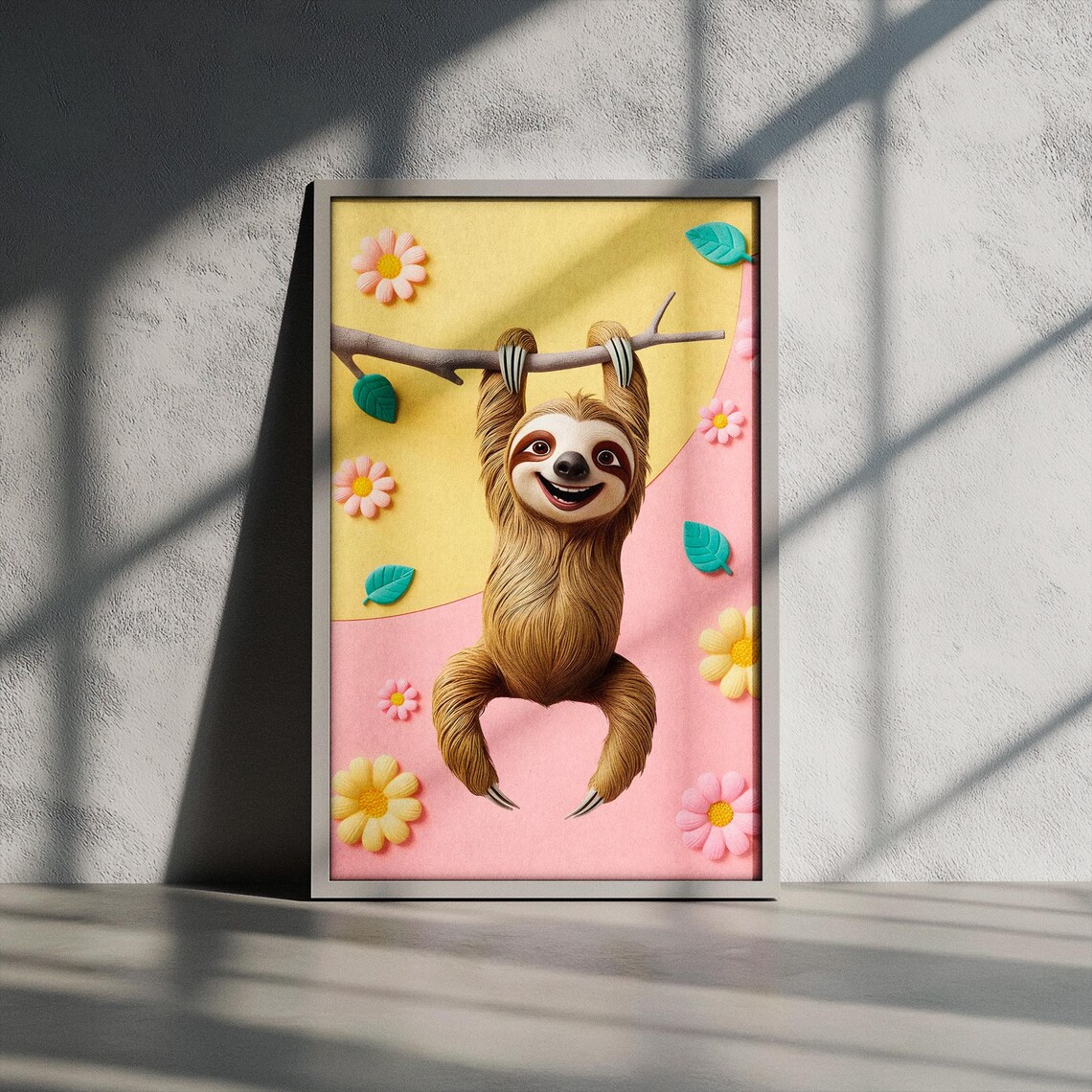 Happy Baby Sloth Hanging on Leafy Branch Floral 3D Nursery Poster