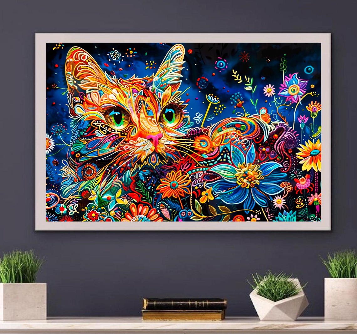 Vibrant Ornate Cat With Flowers Psychedelic Animal Portrait Poster
