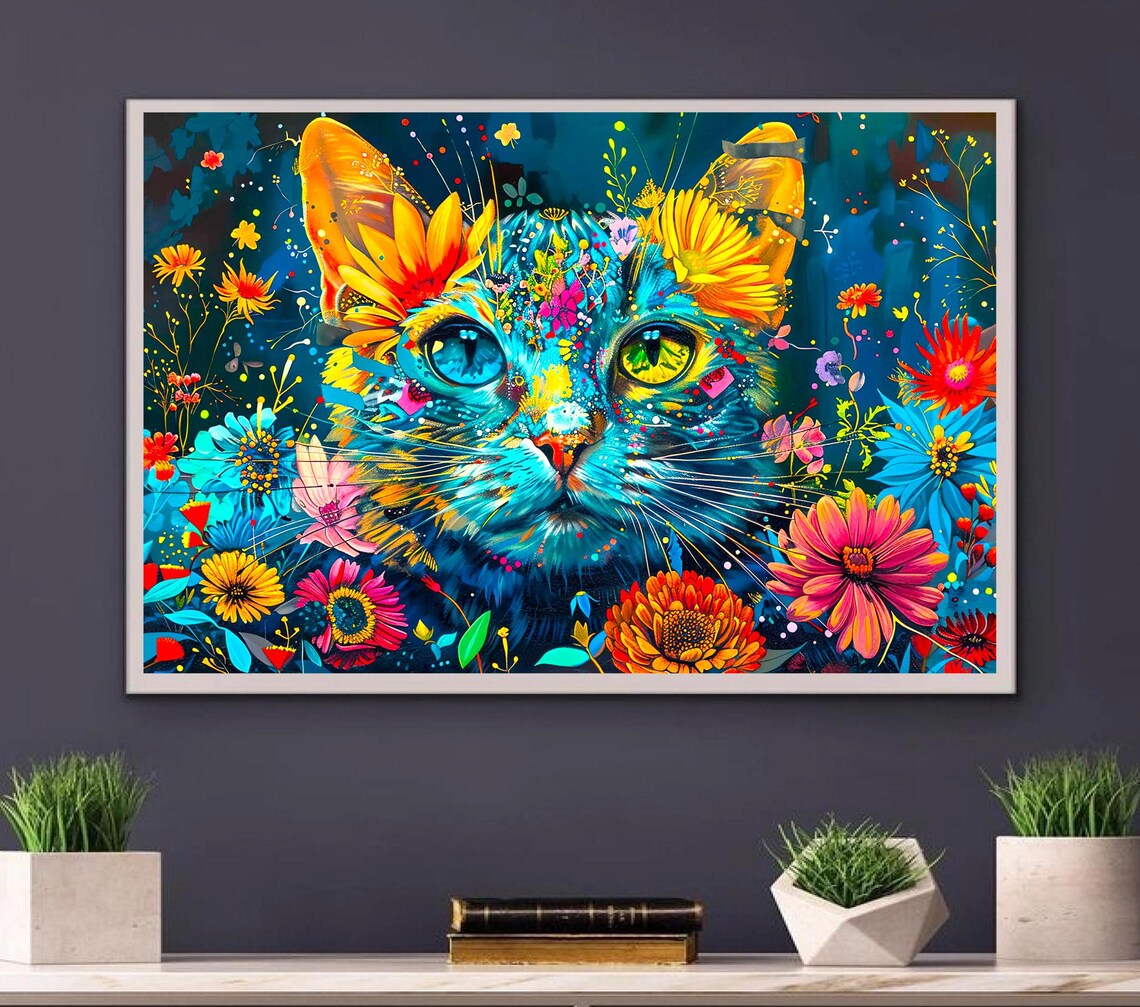 Colorful Cat Face Among Bright Flowers Dopamine Floral Art Poster